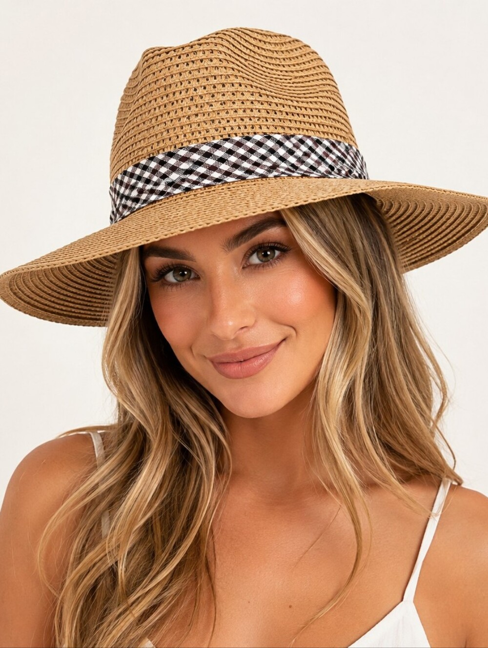 Nicole Marciano 100% Straw Fedora Hat Tan Gingham Band One Size